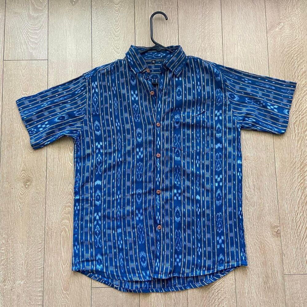 Blue and Tan Striped Men's Western Style Button Up